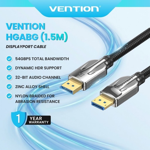 [HGABG] Vention HGABG 1.5M DisplayPort 2.1 able - 54Gbps / 16K-30Hz / 4K-240Hz / Gold-Plated