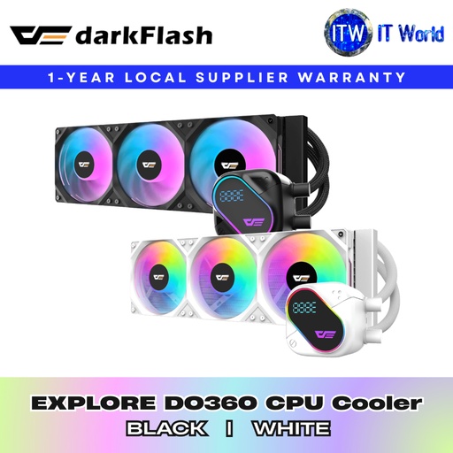 DarkFlash CPU Cooler EXPLORE DO360 ARGB LCD 360mm AIO Liquid Cooler (Black / White) | itw (DO-360 (BLACK))