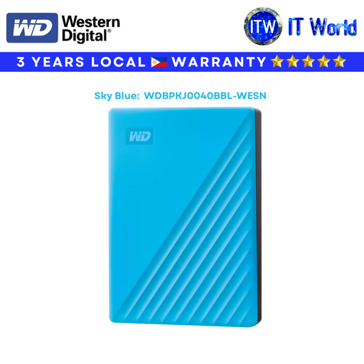 [WDBPKJ0040BBL-WESN] Western Digital 4TB My Passport External Hard Drive – [Black / Sky Blue / Red / White] | itw