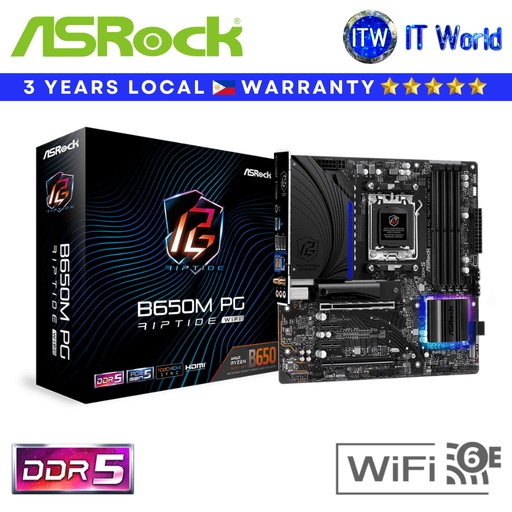 [B650M PG RIPTIDE WIFI] ASRock Motherboard B650M PG Riptide WiFi mATX - DDR5 AM5 PCIe Gen5 WiFi 6E 2.5G LAN