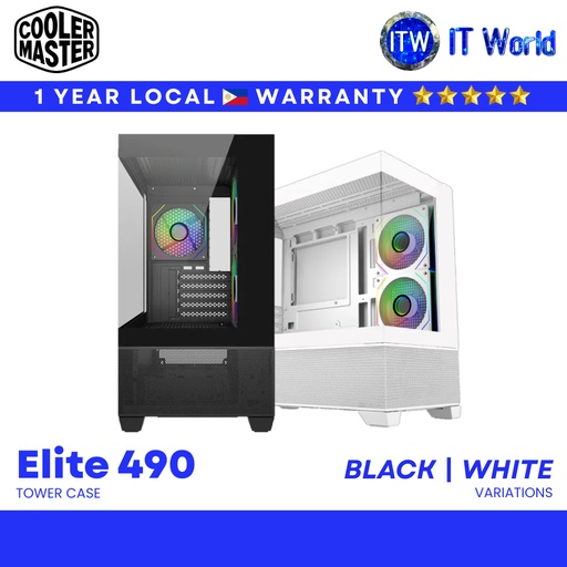 [E490-WHNN-S00] Cooler Master Elite 490 mATX Tower Case Dual Glass 360mm Rad Support Black / White | itw (White)
