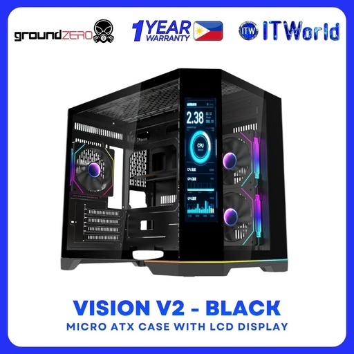 [VISION-V2-BK] GroundZERO Vision V2 mATX Dual Chamber Case 9.16" LCD Display 3x ARGB Fans - Black