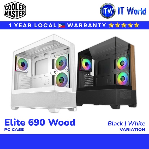 Cooler Master PC Case Elite 690 Wood Mid Tower ATX Dual TG 360mm Rad Wood Accent itw (Black)