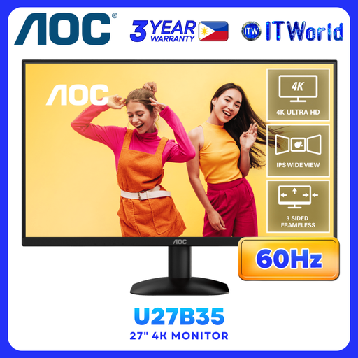 [U27B35] AOC U27B35 27" 3840×2160 4K UHD - IPS / 125% sRGB / HDR10 / Delta E<2 / Tilt Adjustable Monitor