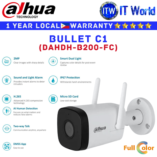 [DAHDH-B200-FC] Dahua CCTV Security Camera Bullet C1 Full Color 2MP Fixed-focal Wi-fi Network (DAHDH-B200-FC) | itw