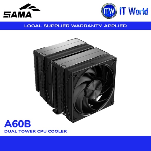 [A60-BKWNNXOX-G] SAMA A60B Black Dual Tower CPU Cooler 265W TDP Dual 120mm Fans Intel & AMD Support | itw