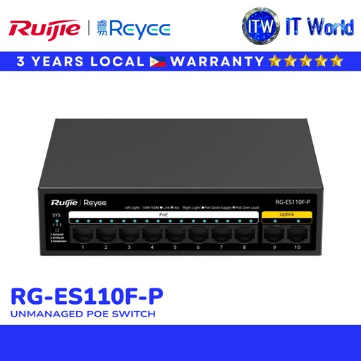 [RG-ES110F-P] Ruijie RG-ES110F-P 10-Port Fast Ethernet PoE Switch Unmanaged Network Switch (RG-ES110F-P) | itw