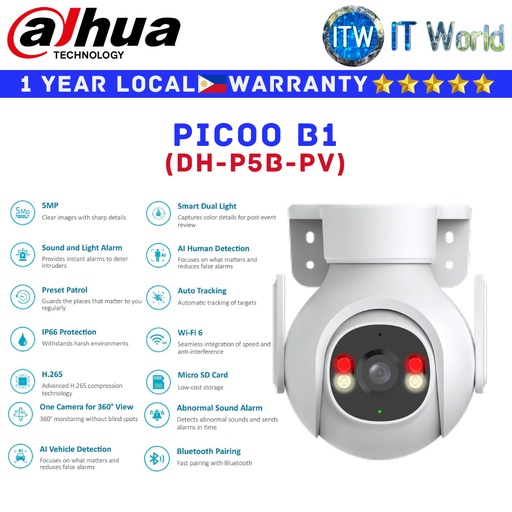 [DH-P5B-PV] Dahua CCTV Security Camera Picoo B1 5MP Outdoor Fixed-focal Wi-Fi Pan & Tilt (DH-P5B-PV) | itw