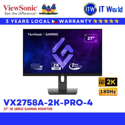 [VX2758A-2K-PRO-4] ViewSonic VX2758A-2K-PRO-4 | 27” 180Hz / 2560x1440 QHD / 1ms / FreeSync Gaming Monitor