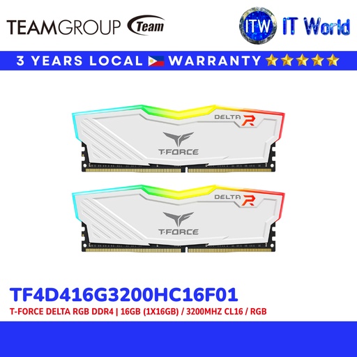 [TF4D416G3200HC16F01] TeamGroup T-Force Delta RGB DDR4 | 16GB (1x16GB) / 3200MHz CL16 / RGB White | itw