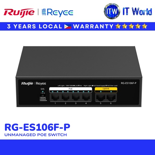 [RG-ES106F-P] Ruijie RG-ES106F-P 6-Port Fast Ethernet PoE Switch Reliable Desktop Network Switch | itw