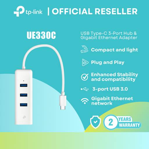 [UE330C] TP-Link UE330C Ethernet Adapter - USB-C / 3-Port USB 3.0 / Gigabit Ethernet / Plug & Play | itw
