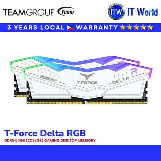 [FF4D564G6000HC38JDC01] TeamGroup T-Force Delta RGB DDR5 64GB (2x32GB) 6000MHz CL38-46-46-84 Gaming Desktop Memory | itw