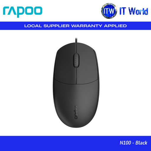 [N100 BLK] Rapoo Wired Mouse N100 | USB Wired / 1600 DPI / Ergonomic / Black & White | itw