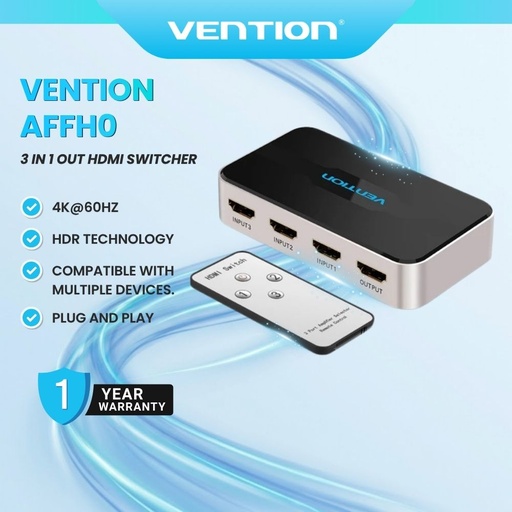 [AFFH0] Vention AFFH0 HDMI Switcher - 3 In 1 Out / 4K 60Hz / HDMI 2.0 / HDR / Remote itw