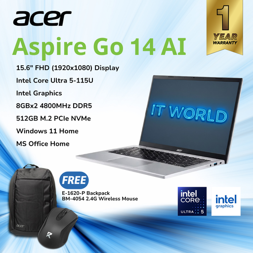 [AG14-71M-55Q4] Acer Aspire Go 14 AI AG14-71M-55Q4 14” WUXGA / Ultra 5 115U / 16GB (2x8GB) / 512GB / Win11 Laptop