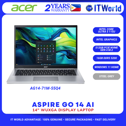 [AG14-71M-55Q4] Acer Aspire Go 14 AI AG14-71M-55Q4 14” WUXGA Ultra 5 115U 16GB RAM 512GB SSD Win11 Laptop