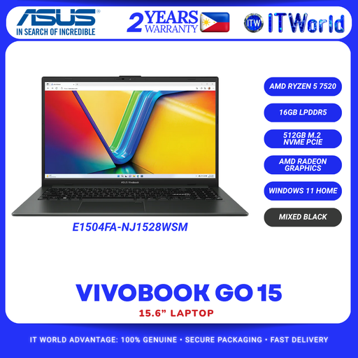 [E1504FA-NJ1528WSM] ASUS Vivobook GO 15 15.6” FHD E1504FA-NJ1528WSM Ryzen 5 7520 16GB RAM 512GB SSD Win11 Laptop itw