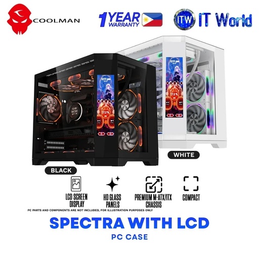 Coolman Spectra 3-sided HD Glass Panels PC Case with Customizable LCD Screen Display - Black | White