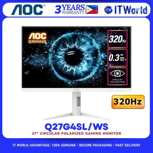 [Q27G4SL/WS] AOC Q27G4SL/WS 27" 2560×1440 WQHD 320Hz Fast IPS Gaming Monitor - Circular Polarized HDR400 