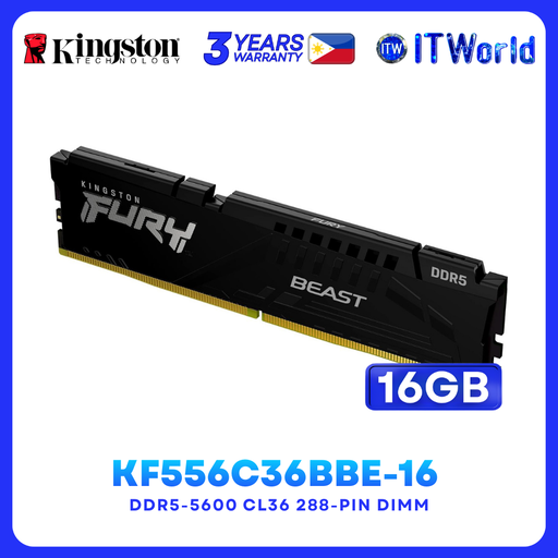 [KF556C36BBE-16] Kingston FURY BEAST DDR5 Memory RAM 16GB (1x16GB) 5600MT/s Desktop DIMM KF556C36BBE-16