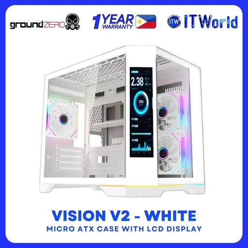[VISION-V2-WT] GroundZERO Vision V2 mATX Dual Chamber Case 9.16" LCD Display 3x ARGB Fans - White