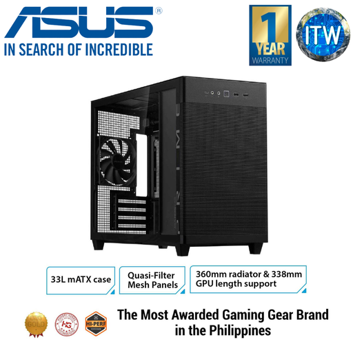 [AP201 PRIME CASE TG BLACK] ITW | ASUS Prime AP201 Tempered Glass MicroATX Case (Support Radiator Up to 360 mm and Graphics Card Length up to 338 mm, Color Matched Cables, Tool-free Side Panels, USB 3.2 Gen 2 Type-C Front Panel) (Black)