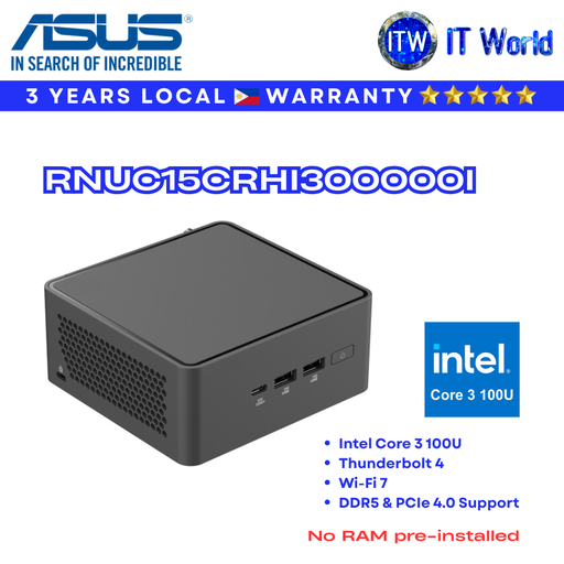 [RNUC15CRHI300000I] ASUS Mini PC NUC 15 Pro Tall Barebone Kit Intel Core 3 100U/ Wi-Fi 7/ DDR5 & PCIe 4.0 Support | itw