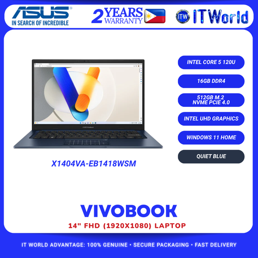 [X1404VA-EB1418WSM] Asus Vivobook 14” X1404VA-EB1418WSM Intel Core 5-120U 16GB RAM 512GB SSD Laptop itw
