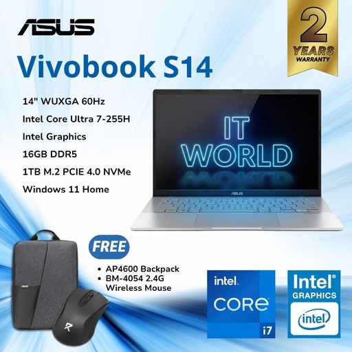 [S3407CA-LY058WSM] ASUS Vivobook S14 S3407CA Laptop - 14" WUXGA / Ultra 7 / 16GB / 1TB / Win11 S3407CA-LY058WSM