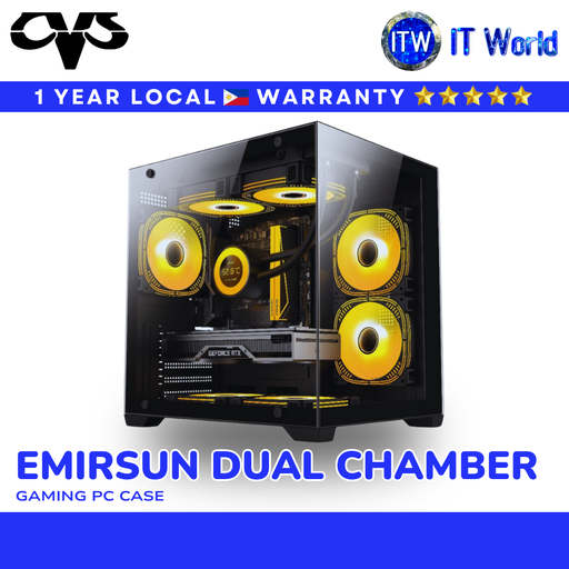 [cvs-emirsun-bk] CVS EMIRSUN Dual Chamber Gaming PC Case – Tempered Glass Front & Side, M-ATX, Black | itw