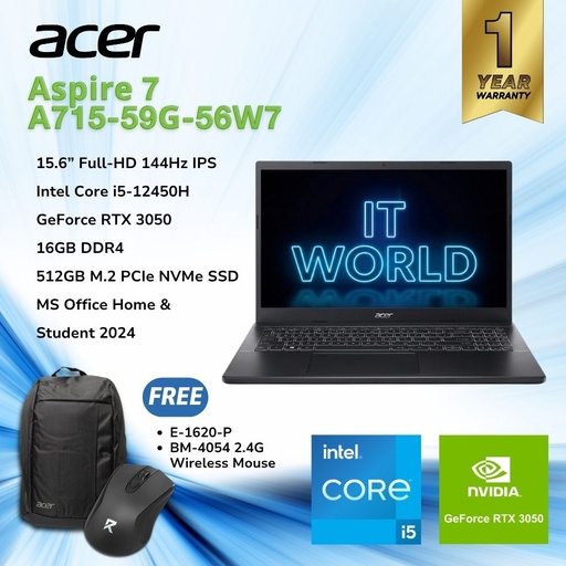 [A715-59G-56W7 OPI] Acer Aspire 7 A715-59G-56W7 15.6" Laptop - i5-12450H / RTX3050 / 16GB / 512GB / 144Hz NH.QX6SP.001