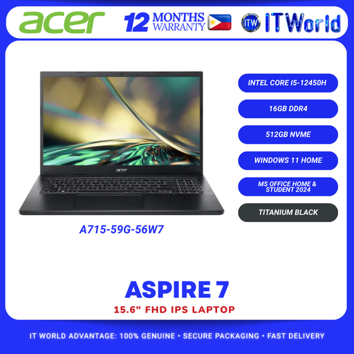 [A715-59G-56W7] Acer Aspire 7 A715-59G-56W7 15.6" 144Hz Laptop - i5-12450H, RTX 3050, 16GB RAM, 512GB SSD