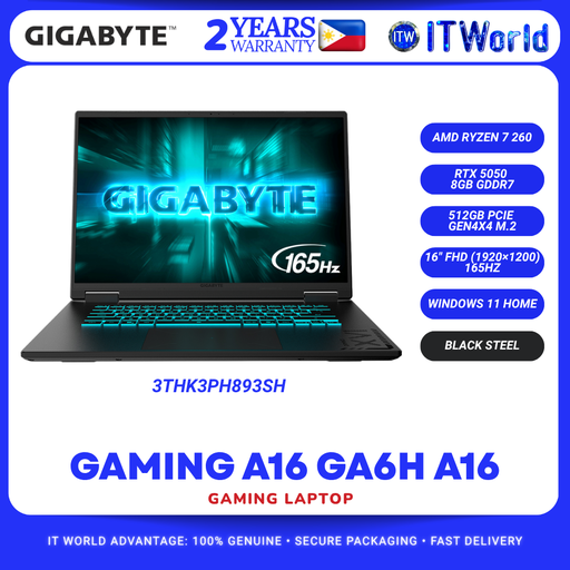 [GS-GAMING-A16-3THK3PH893SH] Gigabyte Gaming A16 GA6H 16″ FHD Laptop - Ryzen 7 260 / RTX 5050 8GB / 16GB DDR5 / 512GB / Win11