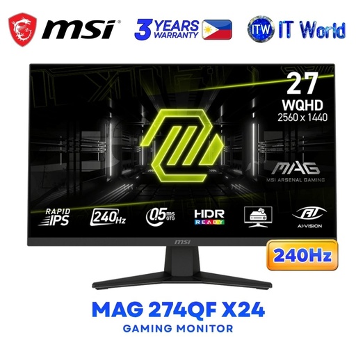 [MAG 274QF X24] MSI MAG 274QF X24 - 27" 2560x1440 WQHD / 240Hz / Rapid IPS / 0.5ms GTG / Anti-Glare Gaming Monitor