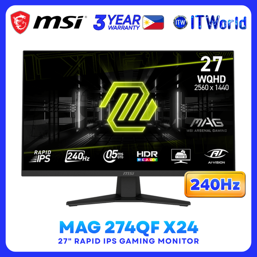 [MAG 274QF X24] MSI MAG 274QF X24 - 27” 2560×1440 WQHD 240Hz Rapid IPS Gaming Monitor for Desktop & Console