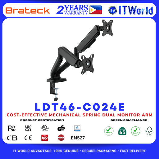 [LDT46-C024E] Brateck LDT46-C024E 17"-32" Dual Monitor Arm Mechanical Spring Matte Black