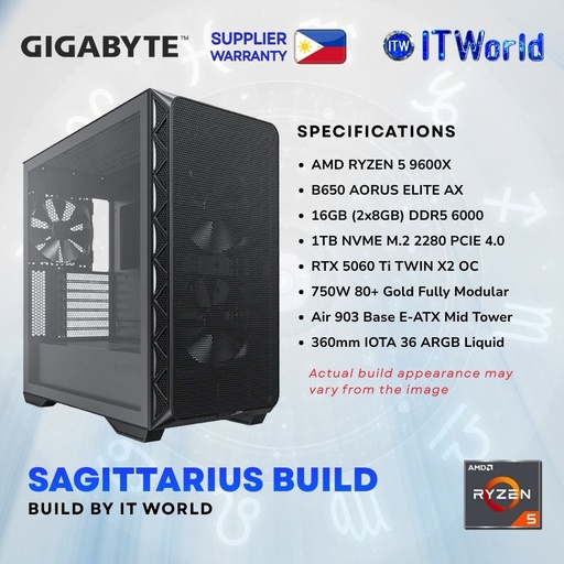 [SAGITT0326DDR5AM5] Zodiac Sagittarius Powered by Gigabyte / PC Build - Ryzen 5 9600X, RTX 5060 Ti, 16GB DDR5, 1TB SSD