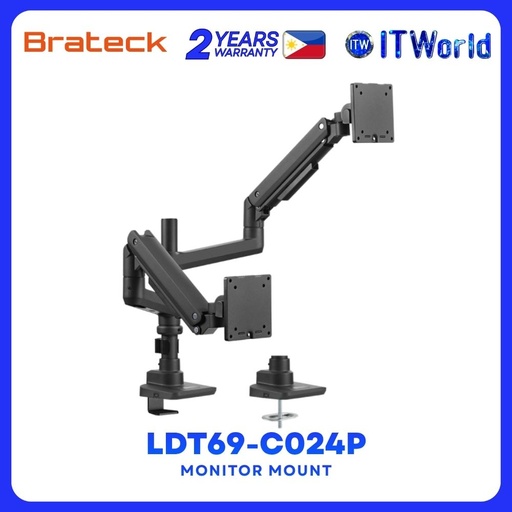 [BRATECK LDT69-C024P BLACK] Brateck LDT69-C024P Fabulous Pole-mounted Gas Spring Dual Monitor Arm supports up to 20kg - Black