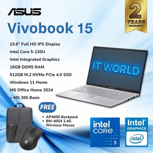 [X1504VA-BQ4583WSM] ASUS Vivobook 15 15.6" Laptop - i5-120U / 16GB DDR5 / 512GB NVMe / FHD Win11 / X1504VA-BQ4583WSM