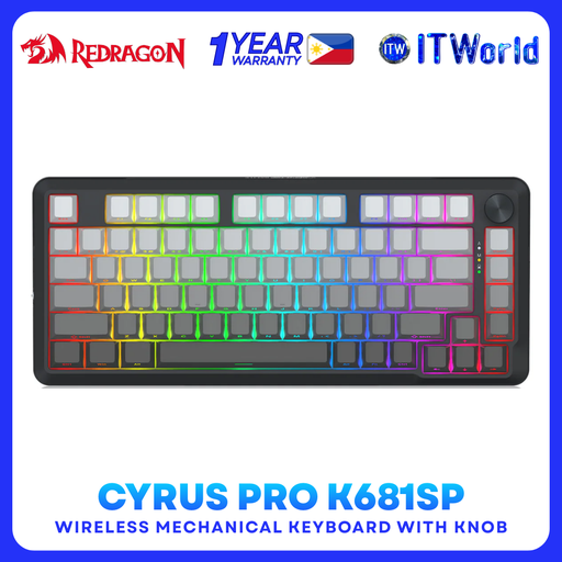 [K681SP-RGB-PRO] Redragon Cyrus Pro K681SP RGB Tri-Mode 75% Hot-Swappable Gasket Keyboard w/ Knob (Gradient Grey) itw