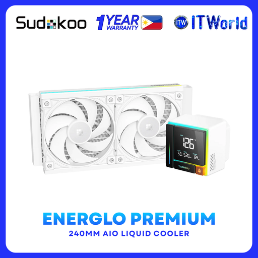 [R-ENR240-WHDSMC-GAS-1] Sudokoo ENERGLO 240 WH 240mm AIO Liquid Cooler RGB Pump LED Digital Display R-ENR240-WHDSMC-GAS-1