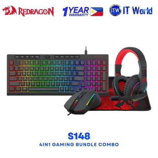 [RD COMBO WIRED (S148) 4IN1 (BLACK)] Redragon S148 4in1 Wired Keyboard + Mouse + Mousepad + Headset Gaming Bundle Combo - Black