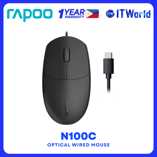 [N100C] Rapoo N100C Optical Wired Mouse - 1000DPI /USB-C / Ambidextrous 3-Button / Black