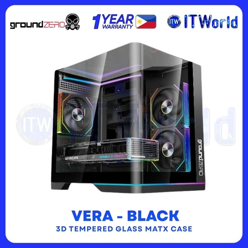 [VERA-BK-MATX] GroundZERO VERA mATX Case - 3D Tempered Glass / Dual ARGB Strip / 330mm GPU Support - Black