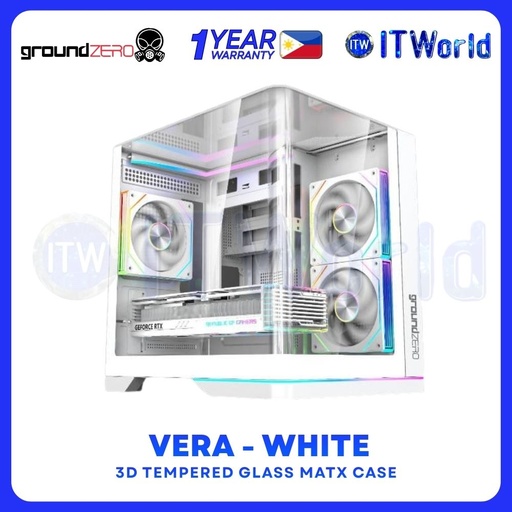 [VERA-WT-MATX] GroundZERO VERA mATX Case - 3D Tempered Glass / Dual ARGB Strip / 330mm GPU Support - White