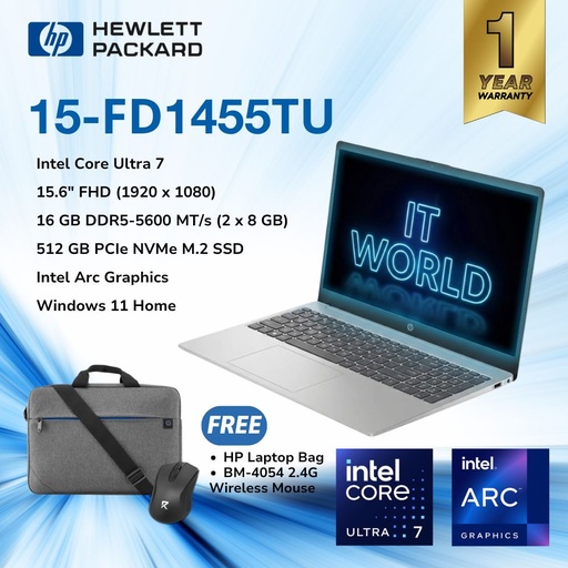 [15-FD1455TU] HP 15-FD1455TU 15.6" / Ultra 7 155H / 16GB DDR5-5600 / 512GB SSD / Intel Arc Graphics / Laptop