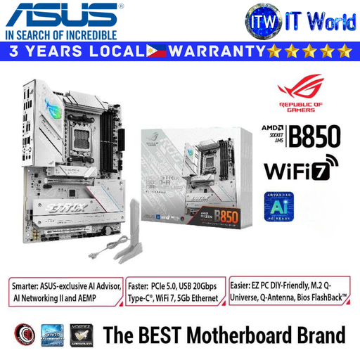 [ROG STRIX B850-A GAMING WIFI] ASUS ROG Strix B850-A Gaming WiFi AMD ATX motherboard, 14+2+2 power stages, DDR5 slots, four M.2 slots, PCIe® 5.0, WiFi 7, USB 20Gbps Type-C® and Aura Sync RGB | itw 