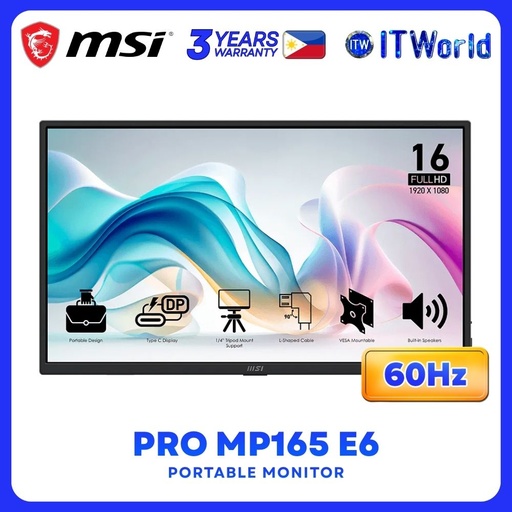 [MP165 E6] MSI PRO MP165 E6 15.6" Portable Monitor - 1920×1080 FHD / IPS 60Hz / USB-C / HDMI