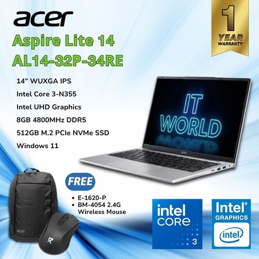 [AL14-32P-34RE] Acer Aspire Lite 14 AL14-32P-34RE - 14" WUXGA Laptop / Core 3-N355 / 8GB / 512GB / NX.D9ZSP.001